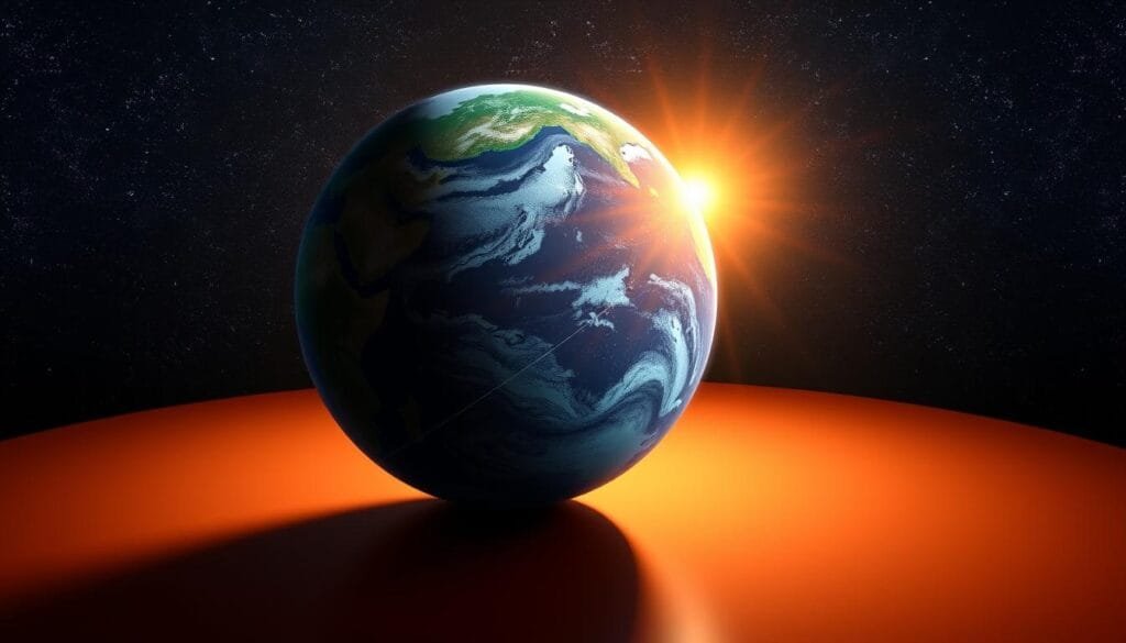 A detailed, three-dimensional illustration of the Earth's tilted axis, showcasing the phenomenon that causes the varying seasons and day-night cycles. The foreground depicts the Earth's spherical shape, with a pronounced tilt of its rotational axis, precisely 23.5 degrees from the perpendicular to the plane of its orbit around the Sun. The middle ground presents a vivid representation of the Sun's rays striking the Earth at different angles, creating the distinct seasonal patterns of light and temperature. The background features a starry night sky, emphasizing the celestial context of this natural occurrence. The lighting is realistic, with soft, ambient illumination and subtle shadows, conveying a sense of scientific clarity and educational purpose.
