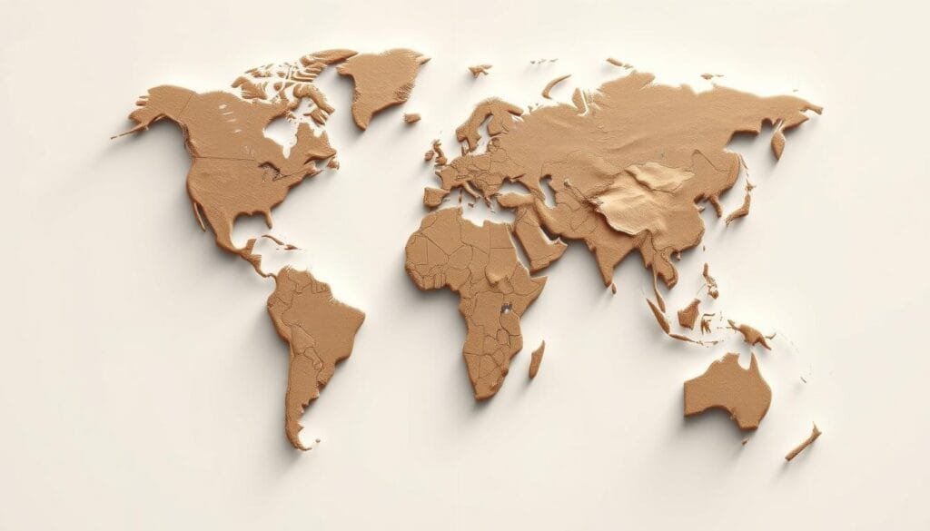 A detailed world map devoid of country names, city labels, and political borders, floating in a serene, minimalist void. The landmasses are rendered in muted, earthy tones, their shapes and contours the sole visual cues, guiding the viewer's exploration of an anonymous, yet familiar global landscape. Subtle gradients of light and shadow accentuate the topography, creating a sense of depth and dimensionality, as if the map is a physical relief model suspended in space. The overall atmosphere is one of contemplation, encouraging the viewer to reimagine the world without the constraining frameworks of named places and delineated territories.