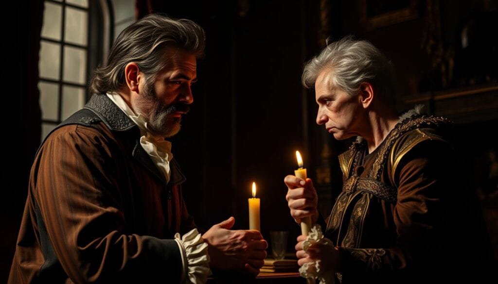 A dimly lit 17th century interior, with a dramatic chiaroscuro effect casting long shadows. In the foreground, two imposing figures locked in a tense exchange - the renowned composer Antonio Salieri, his brow furrowed in suspicion, confronting the sickly but defiant Wolfgang Amadeus Mozart. The background reveals the opulent trappings of the Viennese court, suggesting the high-stakes rivalry and intrigue underlying their musical feud. The lighting is dramatic, with a single candle illuminating their faces, heightening the sense of mystery and foreboding. The composition is balanced, with the two men positioned as the focal point, their expressions and body language conveying the complexity of their relationship - part admiration, part resentment, part tragedy. A dimly lit 17th century interior, with a dramatic chiaroscuro effect casting long shadows. In the foreground, two imposing figures locked in a tense exchange - the renowned composer Antonio Salieri, his brow furrowed in suspicion, confronting the sickly but defiant Wolfgang Amadeus Mozart. The background reveals the opulent trappings of the Viennese court, suggesting the high-stakes rivalry and intrigue underlying their musical feud. The lighting is dramatic, with a single candle illuminating their faces, heightening the sense of mystery and foreboding. The composition is balanced, with the two men positioned as the focal point, their expressions and body language conveying the complexity of their relationship - part admiration, part resentment, part tragedy.