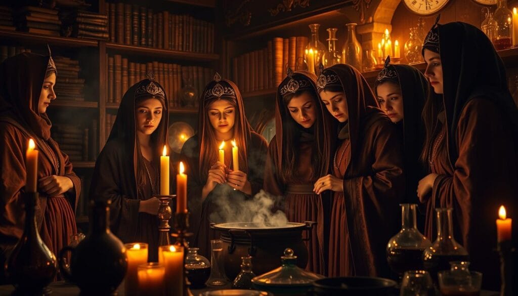A dimly lit alchemical laboratory, where a group of women in long, flowing robes and intricate headdresses huddle over a bubbling cauldron. Flickering candlelight casts warm, mysterious shadows across their faces as they intently observe the alchemical process, their expressions a mixture of concentration and wonder. In the background, shelves laden with ancient tomes and arcane glassware hint at the depth of their scholarly pursuits. An air of quiet determination and esoteric knowledge permeates the scene, capturing the pivotal role of women in the historical quest for the philosopher's stone. A dimly lit alchemical laboratory, where a group of women in long, flowing robes and intricate headdresses huddle over a bubbling cauldron. Flickering candlelight casts warm, mysterious shadows across their faces as they intently observe the alchemical process, their expressions a mixture of concentration and wonder. In the background, shelves laden with ancient tomes and arcane glassware hint at the depth of their scholarly pursuits. An air of quiet determination and esoteric knowledge permeates the scene, capturing the pivotal role of women in the historical quest for the philosopher's stone.