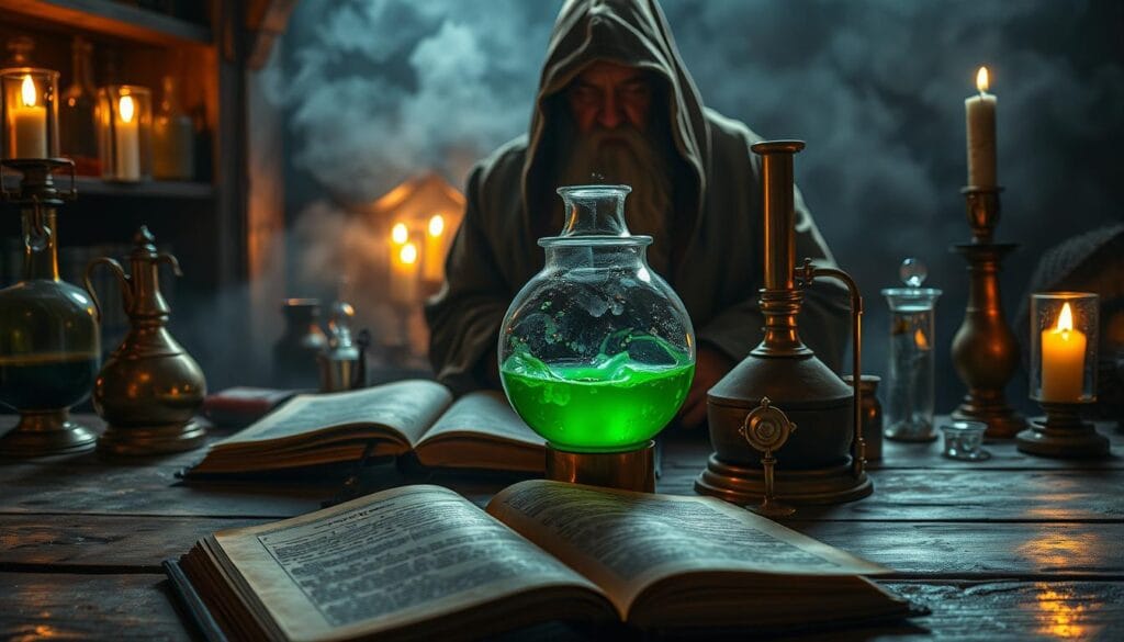 A dimly lit alchemist's laboratory, with an ancient tome opened on a weathered wooden table. In the foreground, a glass alembic bubbles with a vibrant green liquid, the glow reflecting off the polished copper instruments surrounding it. In the middle ground, a wizened alchemist in a worn, hooded robe carefully observes the transmutation, their face obscured in shadow. The background is shrouded in an atmospheric mist, hinting at the mystical nature of the experiment. Warm candlelight flickers, casting a rich, golden glow over the scene, evoking the timeless quest for the philosopher's stone. A dimly lit alchemist's laboratory, with an ancient tome opened on a weathered wooden table. In the foreground, a glass alembic bubbles with a vibrant green liquid, the glow reflecting off the polished copper instruments surrounding it. In the middle ground, a wizened alchemist in a worn, hooded robe carefully observes the transmutation, their face obscured in shadow. The background is shrouded in an atmospheric mist, hinting at the mystical nature of the experiment. Warm candlelight flickers, casting a rich, golden glow over the scene, evoking the timeless quest for the philosopher's stone.