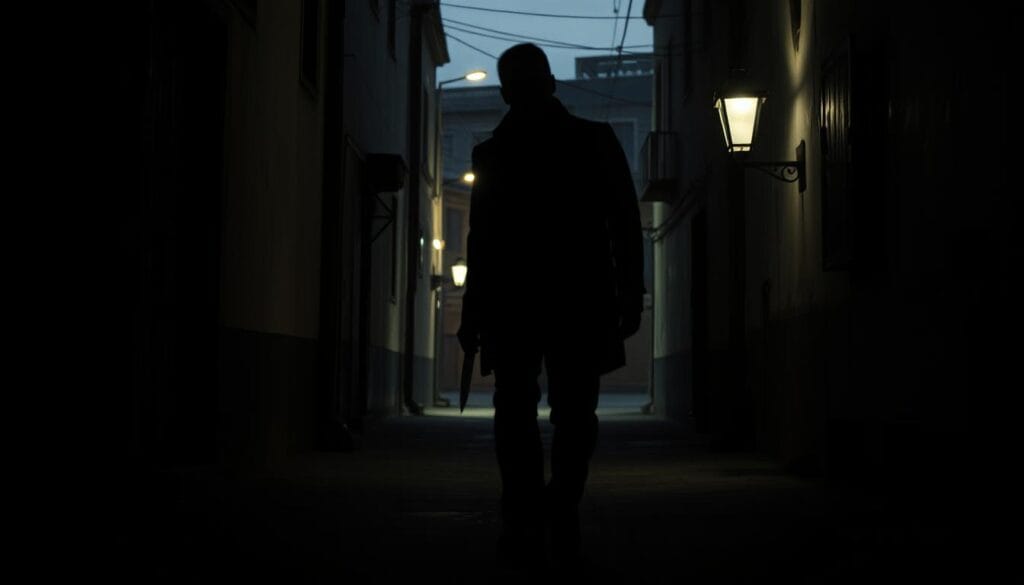 A dimly lit alleyway, cast in an eerie chiaroscuro. In the foreground, a shadowy figure strides purposefully, the glint of a knife in their hand. The middle ground reveals a sense of unease, with flickering streetlamps casting ominous shadows. In the background, a sense of isolation, the buildings looming overhead, windows dark and foreboding. The atmosphere is one of tension and danger, hinting at the sinister modus operandi of a Chilean "Jack the Ripper," haunting the streets in search of his next victim. The lighting is moody, with dramatic contrasts between light and shadow, evoking a sense of the macabre and the unsettling. A dimly lit alleyway, cast in an eerie chiaroscuro. In the foreground, a shadowy figure strides purposefully, the glint of a knife in their hand. The middle ground reveals a sense of unease, with flickering streetlamps casting ominous shadows. In the background, a sense of isolation, the buildings looming overhead, windows dark and foreboding. The atmosphere is one of tension and danger, hinting at the sinister modus operandi of a Chilean "Jack the Ripper," haunting the streets in search of his next victim. The lighting is moody, with dramatic contrasts between light and shadow, evoking a sense of the macabre and the unsettling.