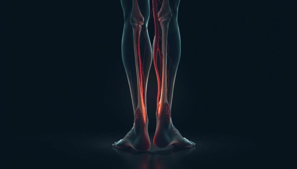 A dimly lit, anatomical illustration showcasing the intricate relationships between posture, circulation, and the human body. The scene depicts a detailed cross-section of the lower limbs, highlighting the complex network of blood vessels, nerves, and connective tissues that facilitate movement and sensation. Soft, muted tones create a contemplative atmosphere, inviting the viewer to explore the subtle interplay between physical structure and physiological function. Subtle shadows and highlights accentuate the three-dimensional quality of the image, providing a sense of depth and visual depth. The overall composition is balanced and harmonious, guiding the eye through the various anatomical elements and emphasizing the importance of proper posture and circulation for overall health and well-being.