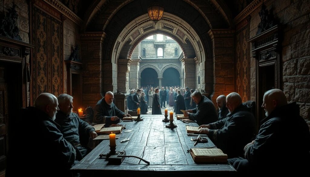 A dimly lit chamber within an ancient stone edifice, the walls adorned with ornate tapestries and intricate carvings. At the center, a heavy oak table surrounded by aged parchments, quills, and leather-bound ledgers. Seated at the table, robed figures scrutinize scrolls and exchange hushed words, the soft glow of tallow candles casting deep shadows across their weathered faces. In the background, a vast, towering archway frames a scene of bustling activity - the hurried movements of clerks, the clink of coin, and the murmur of transaction. This is the realm of the Templar bankers, pioneers of deposit and lending operations in the bygone era, where the modern financial system has its ancient roots.