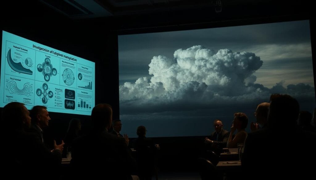 A dimly lit conference room, the atmosphere charged with ethical debate. In the foreground, a panel of experts engrossed in discussion, their faces illuminated by the soft glow of a projector screen. Intricate diagrams and data visualizations depict the complex system of atmospheric manipulation, prompting passionate gestures and furrowed brows. The middle ground is shrouded in a haze of uncertainty, as the ramifications of such technology loom large. In the background, a towering, ominous cloud formation, a stark reminder of the power and fragility of the natural world. Dramatic chiaroscuro lighting casts dramatic shadows, heightening the sense of gravity and unease. This image captures the essence of the ethical dilemma, a visual representation of the ongoing debate surrounding the voluntary control of the climate. A dimly lit conference room, the atmosphere charged with ethical debate. In the foreground, a panel of experts engrossed in discussion, their faces illuminated by the soft glow of a projector screen. Intricate diagrams and data visualizations depict the complex system of atmospheric manipulation, prompting passionate gestures and furrowed brows. The middle ground is shrouded in a haze of uncertainty, as the ramifications of such technology loom large. In the background, a towering, ominous cloud formation, a stark reminder of the power and fragility of the natural world. Dramatic chiaroscuro lighting casts dramatic shadows, heightening the sense of gravity and unease. This image captures the essence of the ethical dilemma, a visual representation of the ongoing debate surrounding the voluntary control of the climate.