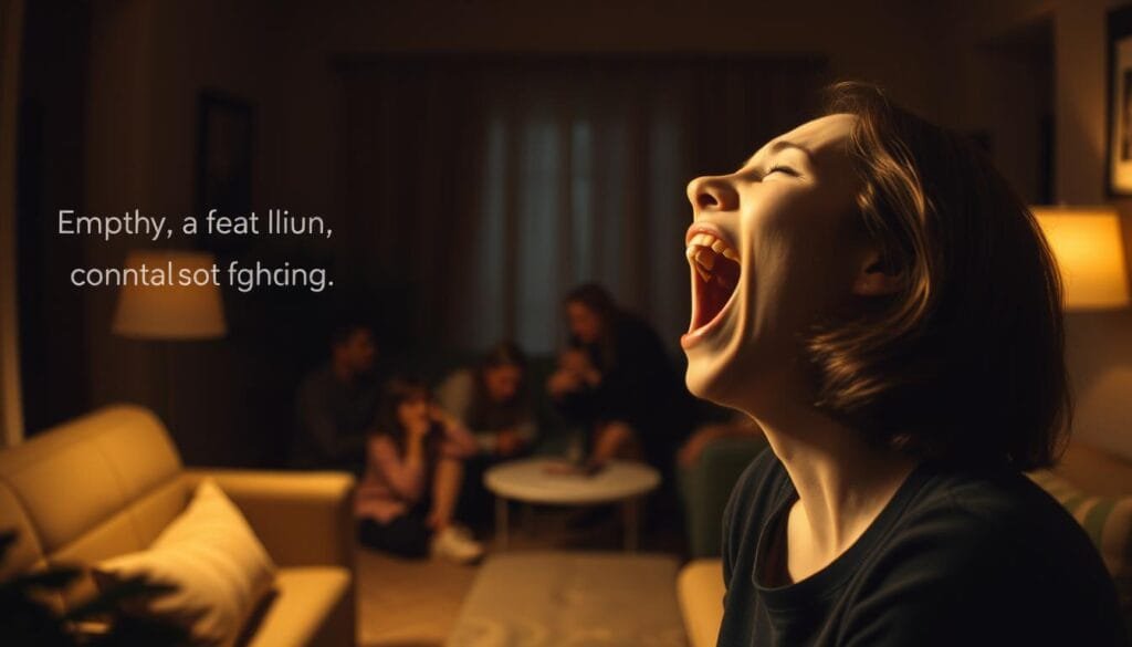 A dimly lit, cozy interior scene depicting the key factors that contribute to the contagious nature of yawning. In the foreground, a person yawns widely, their mouth open in a classic yawn expression. Surrounding them, subtle visual cues suggest the influence of empathy, social contagion, and physiological triggers. In the middle ground, a small group of people observe the yawning individual, some of them beginning to yawn in response. The background is softly blurred, creating a sense of focus on the central yawning dynamic. The lighting is warm and natural, evoking a sense of relaxation and shared experience. The overall mood is contemplative, inviting the viewer to consider the underlying mechanisms behind this uniquely human behavior.