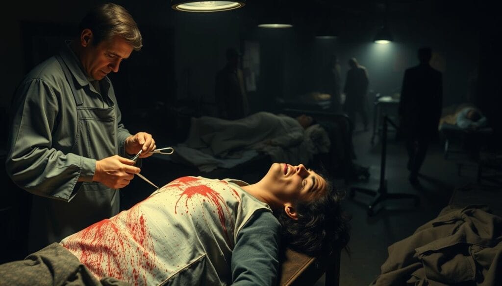 A dimly lit field hospital during the American Civil War. In the foreground, a surgeon in a blood-stained apron performs a complex operation, their hands steady and focused. The patient lies prone, their face contorted in pain as they endure the procedure without anesthesia. Nearby, assistants hold instruments and linens, their expressions grim. In the background, the shadowy silhouettes of other medical personnel move about, tending to the wounded. The scene is bathed in a somber, muted palette, evoking the harsh realities of wartime medicine and the innovative yet grueling surgical techniques developed in response to the conflict.