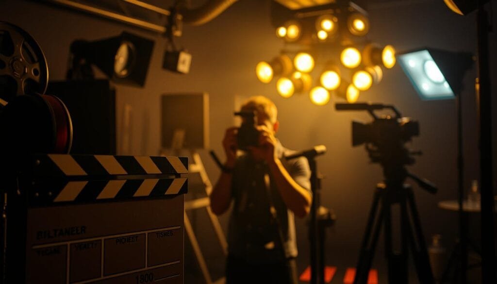 A dimly lit film production studio, with intricate details capturing the creative process. The foreground features a director's clapperboard, a vintage microphone, and an array of colorful film reels. In the middle ground, a camera operator carefully frames a shot, their face obscured by the viewfinder. In the background, a cluster of lighting equipment casts a warm, cinematic glow, evoking the magic of movie-making. The scene exudes a sense of hushed concentration, the hum of activity and the pursuit of cinematic perfection.