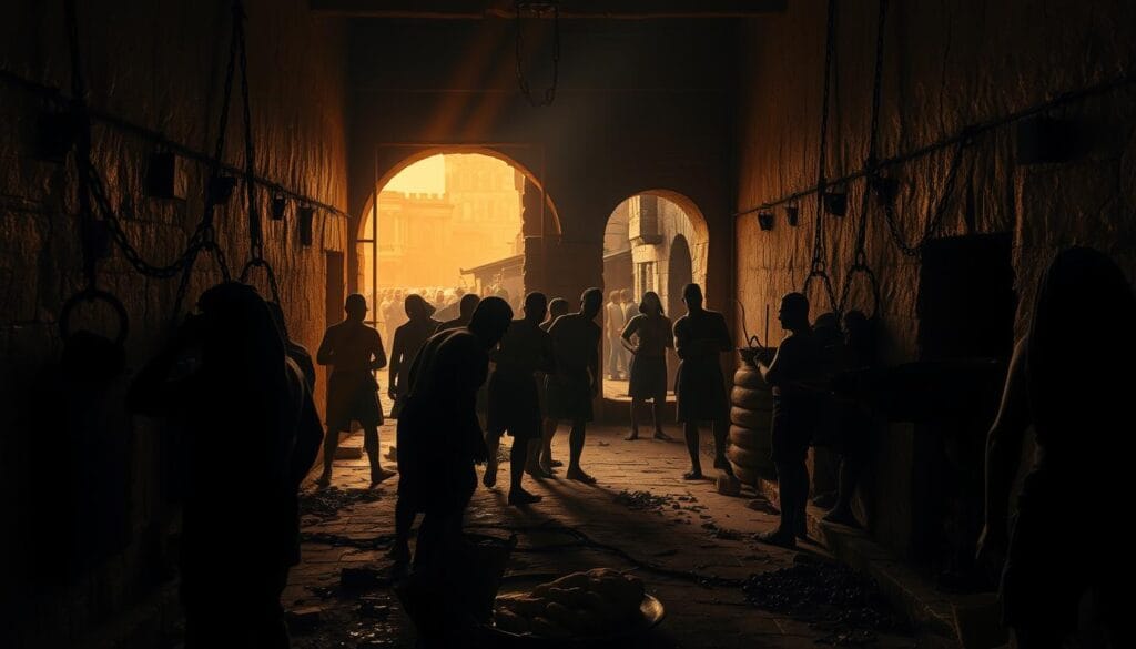 A dimly lit, grim-looking bakery interior, with the harsh silhouettes of chained slaves toiling away at the ovens in the foreground. The walls are cracked and grimy, the air thick with the stench of sweat and dread. Shafts of warm, amber light pierce through the gloom, casting dramatic shadows across the scene. In the background, a glimpse of the bustling street outside, a stark contrast to the prisoners' misery within. The overall atmosphere is one of oppression, exploitation, and the dehumanizing realities of an ancient Pompeiian bakery.