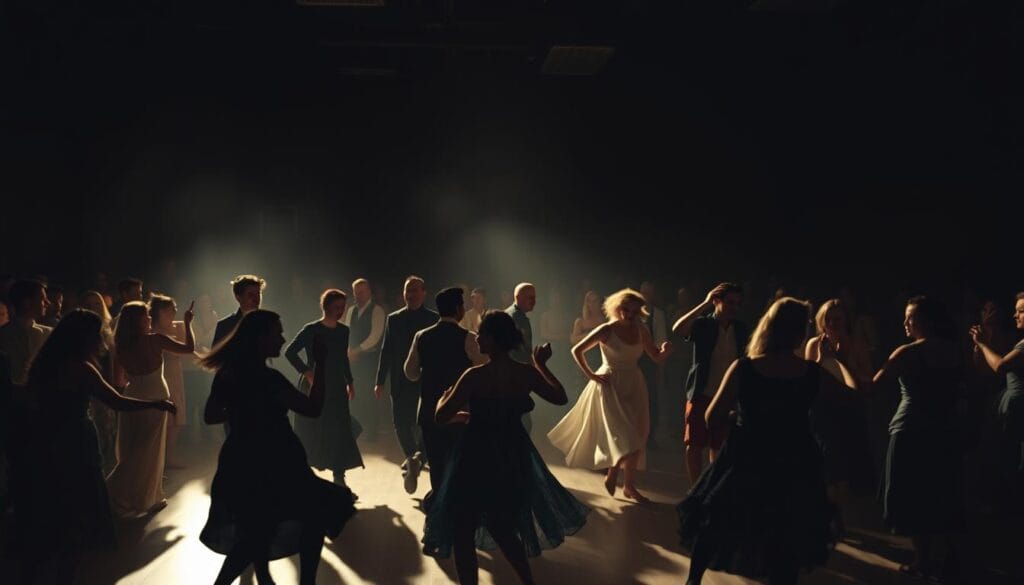 A dimly lit hall, the air thick with anticipation. In the foreground, figures sway and twirl, lost in the rhythm of a historical dance epidemic. The middle ground reveals a diverse crowd, some mesmerized, others concerned. In the background, ghostly silhouettes hint at past outbreaks, creating an eerie connection between these phenomena. Dramatic shadows and muted colors evoke a sense of unease, while the swirling, fluid movements suggest the contagious nature of these cultural events. The scene captures the haunting parallels between historic dance epidemics, inviting the viewer to ponder the deeper societal and psychological implications. A dimly lit hall, the air thick with anticipation. In the foreground, figures sway and twirl, lost in the rhythm of a historical dance epidemic. The middle ground reveals a diverse crowd, some mesmerized, others concerned. In the background, ghostly silhouettes hint at past outbreaks, creating an eerie connection between these phenomena. Dramatic shadows and muted colors evoke a sense of unease, while the swirling, fluid movements suggest the contagious nature of these cultural events. The scene captures the haunting parallels between historic dance epidemics, inviting the viewer to ponder the deeper societal and psychological implications.