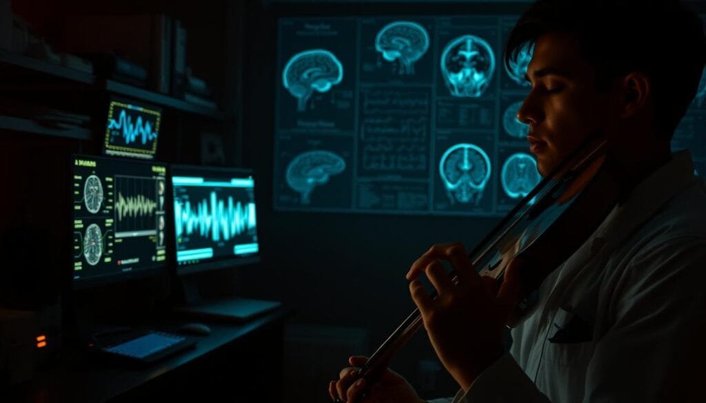 A dimly lit laboratory workspace, scientific instruments and computer screens casting a soft glow. In the foreground, a researcher intently studying brainwave data visualizations, their face illuminated by the displays. In the middle ground, a musician plays a haunting melody on a violin, their eyes closed as they become lost in the music. The background features anatomical diagrams, brain scans, and other neuroscientific imagery, hinting at the connection between music and the brain. The scene is suffused with a sense of contemplation and discovery, as the viewer is drawn into the intersection of art, science, and the mysteries of the human experience.