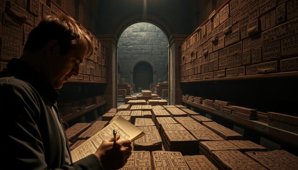 A dimly lit library chamber, the walls lined with ancient cuneiform-inscribed clay tablets. In the foreground, a scholar carefully examines and copies the intricate markings onto a parchment, their brow furrowed in concentration. Soft, warm lighting casts dramatic shadows, heightening the sense of reverence and preservation of this invaluable cultural legacy. The middle ground showcases the organized rows of tablets, each one a testament to the intellectual prowess of the Assyrian king Ashurbanipal, whose expansive collection forms the foundation of this remarkable library. In the background, a majestic stone archway frames the scene, hinting at the grandeur and significance of this repository of human knowledge. A dimly lit library chamber, the walls lined with ancient cuneiform-inscribed clay tablets. In the foreground, a scholar carefully examines and copies the intricate markings onto a parchment, their brow furrowed in concentration. Soft, warm lighting casts dramatic shadows, heightening the sense of reverence and preservation of this invaluable cultural legacy. The middle ground showcases the organized rows of tablets, each one a testament to the intellectual prowess of the Assyrian king Ashurbanipal, whose expansive collection forms the foundation of this remarkable library. In the background, a majestic stone archway frames the scene, hinting at the grandeur and significance of this repository of human knowledge.