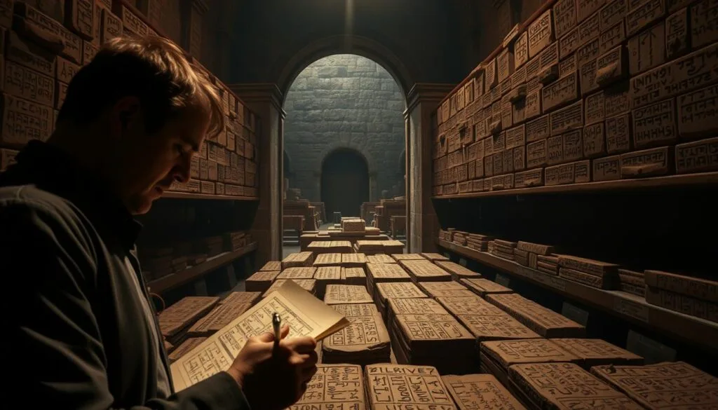 A dimly lit library chamber, the walls lined with ancient cuneiform-inscribed clay tablets. In the foreground, a scholar carefully examines and copies the intricate markings onto a parchment, their brow furrowed in concentration. Soft, warm lighting casts dramatic shadows, heightening the sense of reverence and preservation of this invaluable cultural legacy. The middle ground showcases the organized rows of tablets, each one a testament to the intellectual prowess of the Assyrian king Ashurbanipal, whose expansive collection forms the foundation of this remarkable library. In the background, a majestic stone archway frames the scene, hinting at the grandeur and significance of this repository of human knowledge. A dimly lit library chamber, the walls lined with ancient cuneiform-inscribed clay tablets. In the foreground, a scholar carefully examines and copies the intricate markings onto a parchment, their brow furrowed in concentration. Soft, warm lighting casts dramatic shadows, heightening the sense of reverence and preservation of this invaluable cultural legacy. The middle ground showcases the organized rows of tablets, each one a testament to the intellectual prowess of the Assyrian king Ashurbanipal, whose expansive collection forms the foundation of this remarkable library. In the background, a majestic stone archway frames the scene, hinting at the grandeur and significance of this repository of human knowledge.