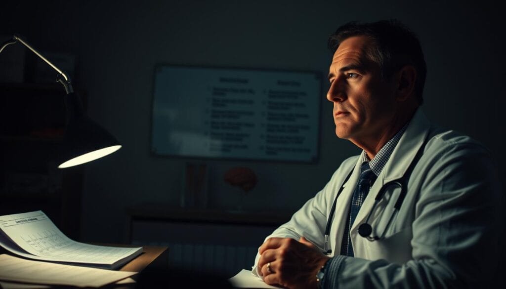 A dimly lit medical office, the soft glow of a desk lamp illuminating a thoughtful physician in contemplation. In the foreground, a series of medical charts and documents, representing the complexities of ethical communication in healthcare. The middle ground features a model of the human brain, symbolizing the intricate relationship between mind and body. In the background, a wall-mounted display showcases a series of ethical principles, their text faintly visible, hinting at the guiding principles that shape the doctor's decision-making process. The overall atmosphere conveys a sense of deep consideration, the doctor's expression reflecting the weight of the responsibility they carry. The scene is captured with a cinematic, slightly muted color palette, creating a pensive and introspective mood.