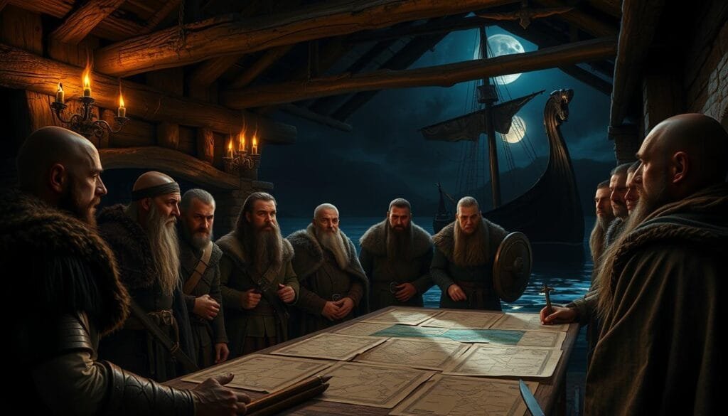 A dimly lit medieval hall, the flickering flames of torches casting shadows upon weathered wooden beams and stone walls. In the foreground, a group of Viking warriors, their faces etched with determination, gather around a table covered in parchments and maps, engaged in animated discussion. The background reveals a glimpse of their longship, moored at the edge of a fjord, its carved dragon-head prow gleaming in the moonlight. The scene conveys a sense of historical significance, as these Norsemen chronicle their exploits and recount the stories of their people's past.