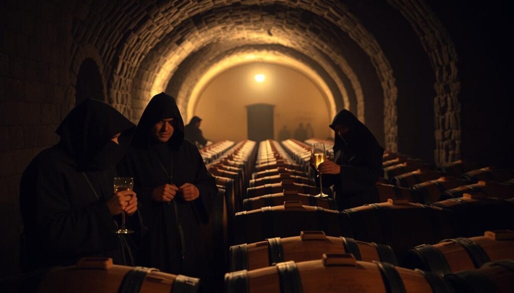 A dimly lit monastery cellar, with ancient stone walls and arched ceilings. In the foreground, a group of robed monks carefully monitoring the champagne production process. One monk, his face obscured, meticulously measures the pressure and temperature, while another delicately samples the liquid, swirling it in a crystal glass. The middle ground reveals rows of oak barrels, their surfaces weathered by time, casting long shadows across the scene. The background is shrouded in a soft, amber glow, evoking a sense of reverence and tradition. The atmosphere is one of quiet concentration, as these devoted men pursue the art of crafting the finest champagne.