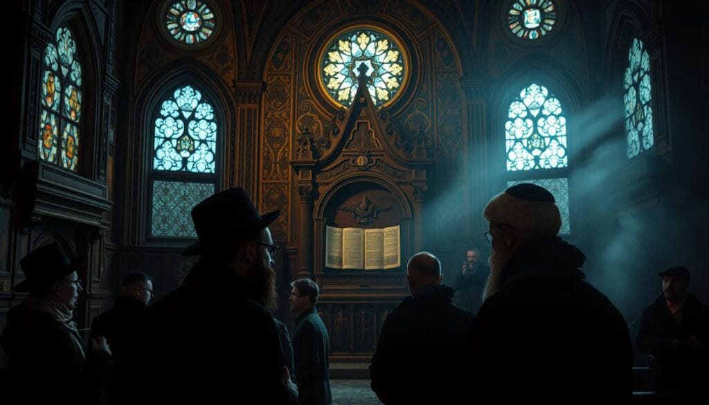 A dimly lit, ornate synagogue interior in medieval Prague, with intricate architectural details, stained glass windows, and a sense of reverence and history. In the foreground, a small group of Jewish community members engaged in solemn discussions, their faces etched with a mixture of contemplation and concern. The middle ground features the ornate ark housing the Torah scrolls, while the background is shrouded in a soft, moody chiaroscuro, evoking the weight of the past and the challenges faced by this resilient community. The overall atmosphere is one of solemnity, tradition, and the ever-present shadow of historical persecution.