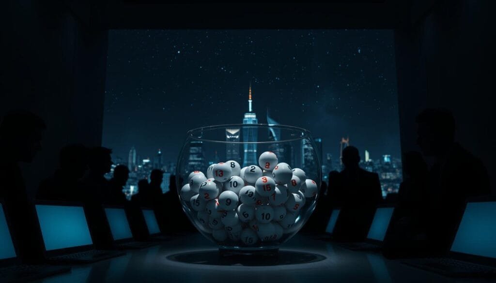 A dimly lit room, illuminated by the soft glow of computer screens. In the foreground, a large glass bowl filled with numbered balls, representing the lottery of governance. Surrounding it, shadowy figures deliberate, their expressions a mix of anticipation and uncertainty. The middle ground showcases a cityscape, its skyscrapers and infrastructure symbolizing the complex systems of power. In the background, a starry night sky, suggesting the vastness of the challenge and the importance of the decision at hand. The scene conveys a sense of gravity and introspection, inviting the viewer to consider the merits and drawbacks of this unconventional approach to leadership selection.