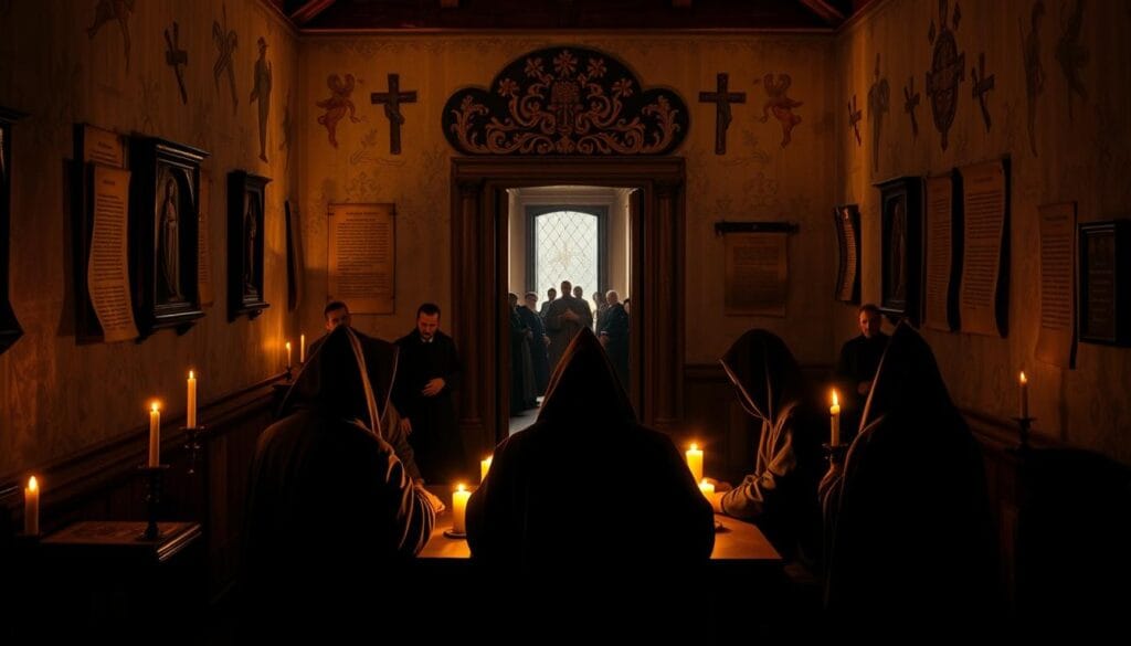 A dimly lit room in 16th century Spain, the walls adorned with religious iconography and parchments. In the foreground, a group of hooded figures gather around a table, deep in discussion. Flickering candlelight casts long shadows, creating an atmosphere of solemnity and secrecy. In the background, a grand, ornate doorway leads to a corridor where more figures can be seen, their faces obscured. The scene conveys the origins and founding of the Spanish Inquisition, a complex and controversial moment in history, shrouded in mystery and intrigue.