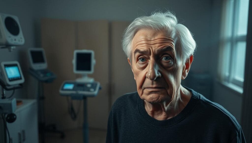 A dimly lit room, with an elderly person standing in the foreground, their face expressing concern and unease. In the middle ground, various medical devices and diagnostic tools are arranged, suggesting a doctor's office or clinic setting. The background is hazy, with blurred shapes and shadows, creating a sense of depth and atmosphere. The lighting is soft and moody, casting subtle shadows that accentuate the wrinkles and features of the elderly person. The overall mood is one of subtle unease and the challenges faced by older adults dealing with balance and dizziness issues. A dimly lit room, with an elderly person standing in the foreground, their face expressing concern and unease. In the middle ground, various medical devices and diagnostic tools are arranged, suggesting a doctor's office or clinic setting. The background is hazy, with blurred shapes and shadows, creating a sense of depth and atmosphere. The lighting is soft and moody, casting subtle shadows that accentuate the wrinkles and features of the elderly person. The overall mood is one of subtle unease and the challenges faced by older adults dealing with balance and dizziness issues.