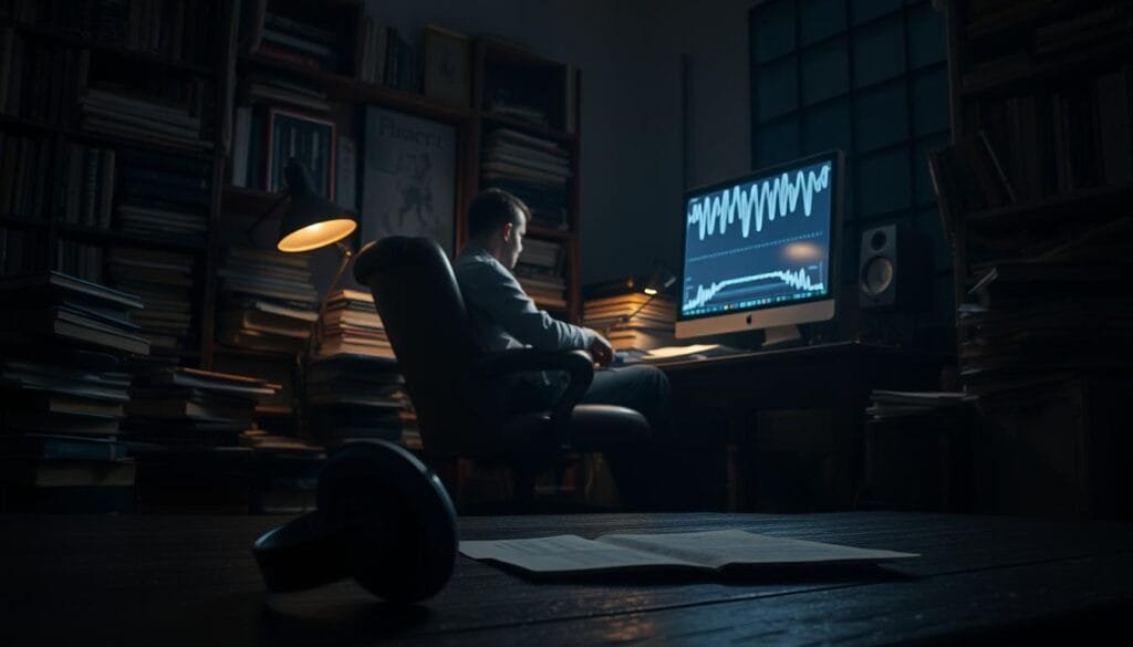 A dimly lit study, illuminated by the soft glow of a vintage desk lamp. A figure sits in a worn leather chair, surrounded by stacks of books and papers, deep in contemplation. The air is thick with the hum of a computer, its screen reflecting a complex visualization of sound waves. In the foreground, a pair of headphones lie abandoned, suggesting a recent, intense session of listening and analysis. The mood is one of introspection and a search for deeper meaning, as the subject attempts to unravel the subtle nuances and hidden messages within personal communications.