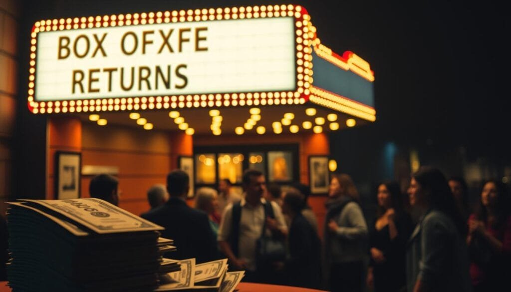 A dimly lit theater, the marquee illuminating the night with the words "Box Office Returns" casting a warm glow. In the foreground, a stack of cash and tickets, representing the financial success of the latest blockbuster release. The middle ground features a crowd of moviegoers eagerly waiting to purchase their tickets, their expressions a mix of excitement and anticipation. In the background, the theater's facade is shrouded in a moody, atmospheric lighting, conveying a sense of the cinematic experience that awaits. The overall scene evokes the thrill and allure of the box office, capturing the essence of the movie-going tradition.