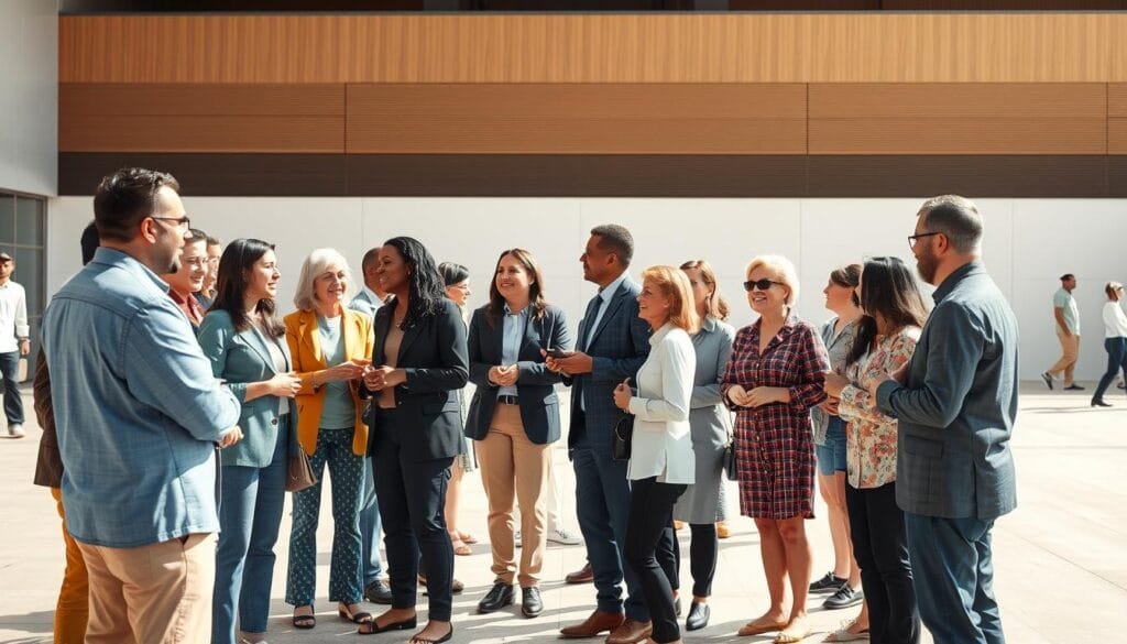 A diverse group of people from different backgrounds and ages, standing together in a sunlit, open public space. In the foreground, individuals of varying ethnicities, genders, and abilities engage in animated conversation, their body language conveying a sense of inclusion and collaboration. In the middle ground, a mixture of formal and casual attire suggests a cross-section of society. The background features a modern, minimalist architectural design with clean lines and natural materials, creating a sense of order and balance. The overall scene exudes a mood of harmony, openness, and a celebration of human diversity.