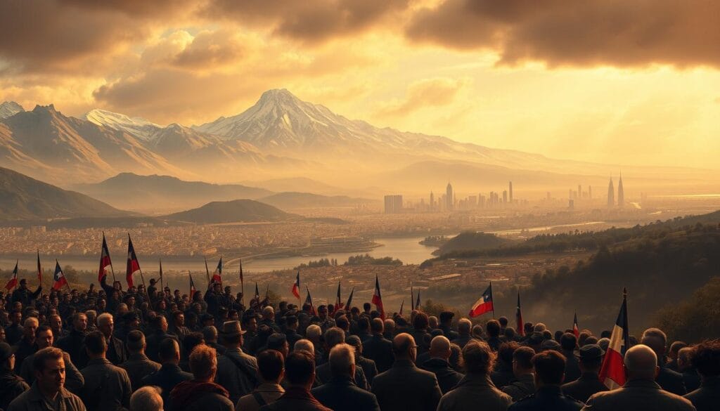 A dramatic 19th-century landscape depicting the historical context of the Chilean independence movement. In the foreground, a crowd of revolutionaries gather, their faces determined and resolute. In the middle ground, the towering Andes mountains loom, their snow-capped peaks symbolizing the challenges and obstacles faced by the independence movement. In the background, a sprawling city skyline emerges, representing the changing political and social landscape of the era. The scene is illuminated by warm, golden light, creating a sense of hope and triumph amidst the struggle for freedom. A dramatic 19th-century landscape depicting the historical context of the Chilean independence movement. In the foreground, a crowd of revolutionaries gather, their faces determined and resolute. In the middle ground, the towering Andes mountains loom, their snow-capped peaks symbolizing the challenges and obstacles faced by the independence movement. In the background, a sprawling city skyline emerges, representing the changing political and social landscape of the era. The scene is illuminated by warm, golden light, creating a sense of hope and triumph amidst the struggle for freedom.