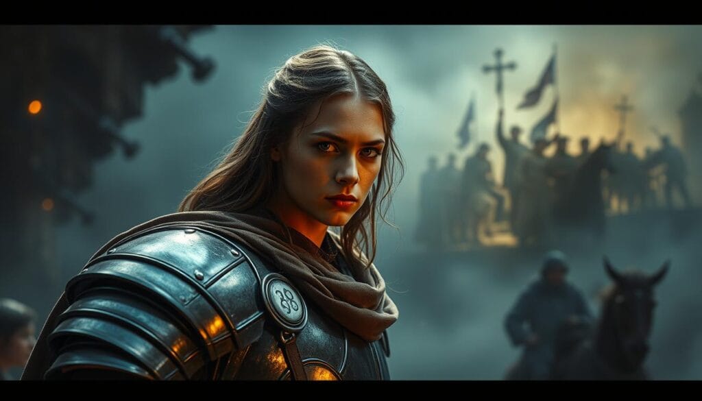 A dramatic, cinematic portrait of Joan of Arc's enduring historical legacy. In the foreground, a powerful, battle-hardened figure with a resolute gaze, clad in shining armor and a flowing cloak. The lighting is dramatic, casting deep shadows and highlights that accentuate her determined expression. In the middle ground, a vision of the past - scenes of Joan leading armies, inspiring the French people, and ultimately facing her tragic fate at the stake. The background is hazy, with a sense of reverence and solemnity, as if the viewer is witnessing a hallowed moment in history. An aura of mysticism and the divine surrounds the entire scene, suggesting the enduring impact of this remarkable historical figure. A dramatic, cinematic portrait of Joan of Arc's enduring historical legacy. In the foreground, a powerful, battle-hardened figure with a resolute gaze, clad in shining armor and a flowing cloak. The lighting is dramatic, casting deep shadows and highlights that accentuate her determined expression. In the middle ground, a vision of the past - scenes of Joan leading armies, inspiring the French people, and ultimately facing her tragic fate at the stake. The background is hazy, with a sense of reverence and solemnity, as if the viewer is witnessing a hallowed moment in history. An aura of mysticism and the divine surrounds the entire scene, suggesting the enduring impact of this remarkable historical figure.