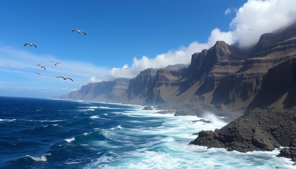 A dramatic coastal landscape under a vast, azure sky. In the foreground, the powerful Humboldt Current surges, its cold, nutrient-rich waters teeming with schools of fish. Towering cliffs rise majestically, their weathered faces adorned with vast deposits of guano, the prized avian excrement that has fueled the economic and political rivalries of Chile, Peru, and Bolivia. Seabirds wheel and dive, their cries echoing across the rugged terrain. In the middle ground, sprawling piles of harvested guano await transport, a testament to the region's lucrative but contested natural resources. The scene conveys the grandeur and high stakes of the guano industry that lies at the heart of the Pacific War. A dramatic coastal landscape under a vast, azure sky. In the foreground, the powerful Humboldt Current surges, its cold, nutrient-rich waters teeming with schools of fish. Towering cliffs rise majestically, their weathered faces adorned with vast deposits of guano, the prized avian excrement that has fueled the economic and political rivalries of Chile, Peru, and Bolivia. Seabirds wheel and dive, their cries echoing across the rugged terrain. In the middle ground, sprawling piles of harvested guano await transport, a testament to the region's lucrative but contested natural resources. The scene conveys the grandeur and high stakes of the guano industry that lies at the heart of the Pacific War.