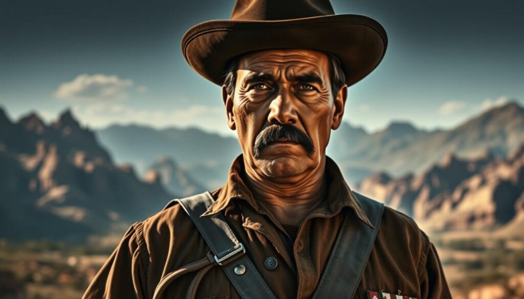 A dramatic portrait of Pancho Villa, standing tall and resolute, his weathered face etched with the lines of a life spent fighting for his cause. Behind him, the rugged Mexican landscape unfolds, a backdrop of towering mountains and sweeping vistas that speak to his humble origins as the bandit Doroteo Arango. The lighting is dramatic, casting deep shadows that accentuate the intensity of his gaze, his eyes burning with the fire of a revolutionary spirit. The composition is striking, with Villa positioned centrally, his figure commanding the viewer's attention, while the surrounding environment serves to ground him in the context of his legendary rise to power. A dramatic portrait of Pancho Villa, standing tall and resolute, his weathered face etched with the lines of a life spent fighting for his cause. Behind him, the rugged Mexican landscape unfolds, a backdrop of towering mountains and sweeping vistas that speak to his humble origins as the bandit Doroteo Arango. The lighting is dramatic, casting deep shadows that accentuate the intensity of his gaze, his eyes burning with the fire of a revolutionary spirit. The composition is striking, with Villa positioned centrally, his figure commanding the viewer's attention, while the surrounding environment serves to ground him in the context of his legendary rise to power.