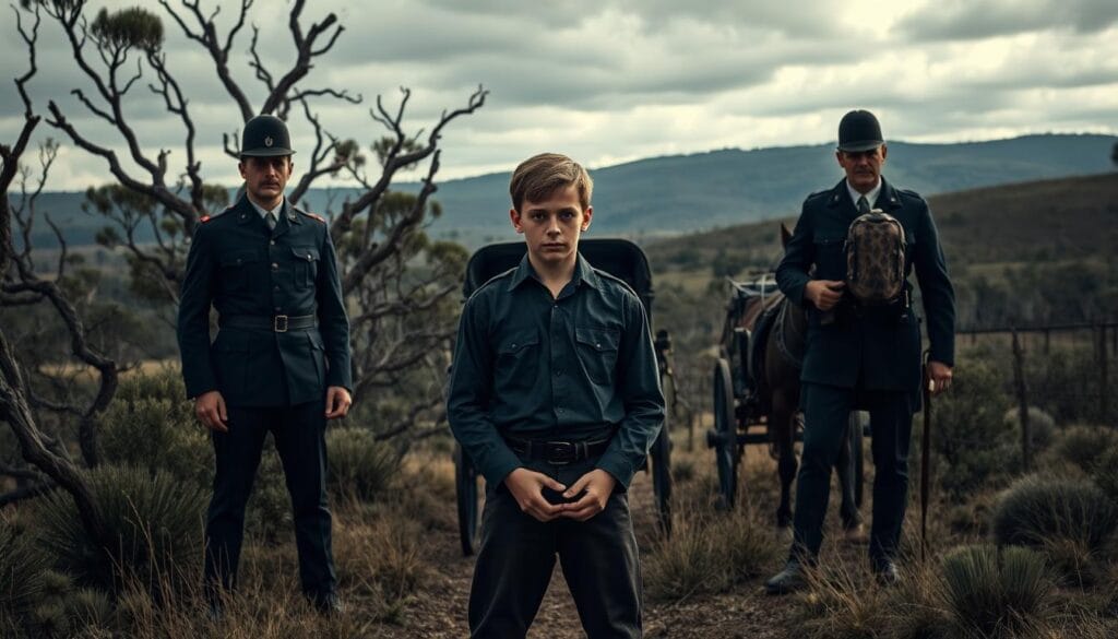 A dramatic scene of Ned Kelly's first encounters with the law, set in the rugged Australian bush. In the foreground, a young Ned stands defiantly, his hands bound, surrounded by stern-faced police officers in crisp uniforms. Behind them, a horse-drawn carriage waits to transport the captured outlaw. The middle ground features a dense forest of gum trees, their twisted branches casting long shadows. In the distant background, rolling hills stretch out under a moody, overcast sky, conveying a sense of isolation and the vastness of the Australian frontier. The lighting is dramatic, with strong contrasts between light and shadow, emphasizing the tension of the moment. The overall mood is one of confrontation and the beginnings of Ned Kelly's descent into infamy.