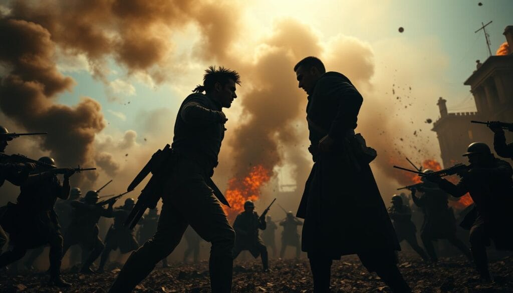 A dramatic scene of revolutionary alliances and conflict unfolds before us. In the foreground, two figures stand in tense opposition, their bodies poised for battle, their expressions locked in a fierce gaze. Behind them, a swirling backdrop of chaos - billowing smoke, crumbling buildings, and the silhouettes of armed combatants engaged in a fierce struggle. The lighting is stark, casting deep shadows that accentuate the tension and urgency of the moment. The camera angle is low, lending a sense of immersion and power to the scene. The overall mood is one of turbulence and uncertainty, reflecting the complex and ever-changing dynamics of the revolutionary period. A dramatic scene of revolutionary alliances and conflict unfolds before us. In the foreground, two figures stand in tense opposition, their bodies poised for battle, their expressions locked in a fierce gaze. Behind them, a swirling backdrop of chaos - billowing smoke, crumbling buildings, and the silhouettes of armed combatants engaged in a fierce struggle. The lighting is stark, casting deep shadows that accentuate the tension and urgency of the moment. The camera angle is low, lending a sense of immersion and power to the scene. The overall mood is one of turbulence and uncertainty, reflecting the complex and ever-changing dynamics of the revolutionary period.