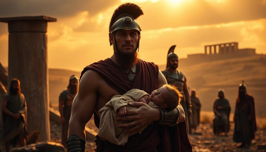 A dramatic scene set in ancient Sparta, illuminated by warm, golden sunlight filtering through the cloudy sky. In the foreground, a muscular Spartan warrior stands tall, his stern expression conveying an unwavering resolve. Behind him, a mother cradling her newborn child, her face etched with anguish, as she faces the harsh realities of Spartan society. In the middle ground, a group of Spartan elders deliberate, their robes and beards lending an air of authority. In the background, the rugged terrain of the Spartan landscape, with the distant silhouette of the city's iconic architecture. The overall atmosphere is one of solemn contemplation, a complex and nuanced exploration of the myth surrounding Spartan treatment of their infants. A dramatic scene set in ancient Sparta, illuminated by warm, golden sunlight filtering through the cloudy sky. In the foreground, a muscular Spartan warrior stands tall, his stern expression conveying an unwavering resolve. Behind him, a mother cradling her newborn child, her face etched with anguish, as she faces the harsh realities of Spartan society. In the middle ground, a group of Spartan elders deliberate, their robes and beards lending an air of authority. In the background, the rugged terrain of the Spartan landscape, with the distant silhouette of the city's iconic architecture. The overall atmosphere is one of solemn contemplation, a complex and nuanced exploration of the myth surrounding Spartan treatment of their infants.