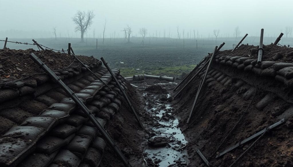 A dramatic trench landscape from the Western Front of World War I. The foreground features a network of deep, muddy trenches with sandbag reinforcements, barbed wire, and the remnants of rusting military equipment. In the middle ground, a blasted, cratered no-man's-land stretches out, dotted with the silhouettes of broken trees. The background is obscured by a dense fog, hinting at the vast scale of the conflict. The scene is illuminated by a cold, overcast light, conveying the grim, inhospitable atmosphere of the battlefield. The entire composition suggests the harsh realities of trench warfare that defined much of the First World War.