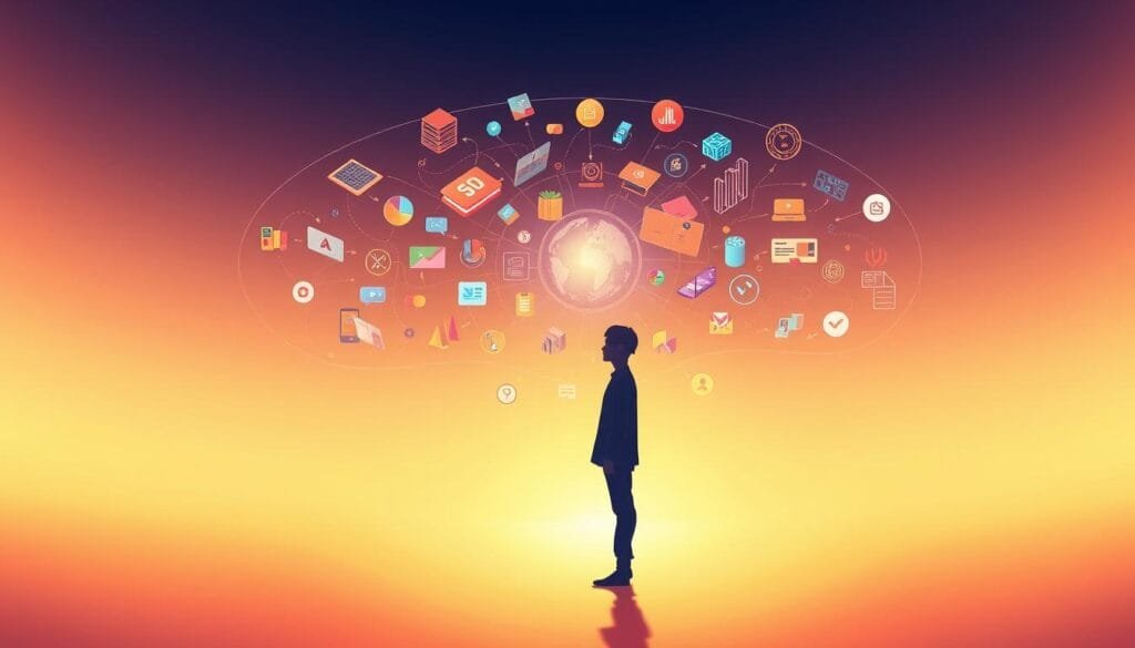 A dynamic and immersive illustration of "Resultados visión integral cliente" - a 360-degree customer experience visualized. In the foreground, a human figure stands with a serene expression, their vision expanded to encompass a vibrant, holistic perspective. The middle ground features various touchpoints of the customer journey, from digital interfaces to physical product interactions, all seamlessly interconnected. In the background, a subtle gradient of warm hues creates a sense of depth and unity, conveying the integrated nature of the customer-centric approach. Soft, diffused lighting illuminates the scene, evoking a sense of harmony and clarity. The overall composition aims to capture the benefits of a truly comprehensive customer vision - increased sales, loyalty, and a deeper, more meaningful connection between brand and consumer. A dynamic and immersive illustration of "Resultados visión integral cliente" - a 360-degree customer experience visualized. In the foreground, a human figure stands with a serene expression, their vision expanded to encompass a vibrant, holistic perspective. The middle ground features various touchpoints of the customer journey, from digital interfaces to physical product interactions, all seamlessly interconnected. In the background, a subtle gradient of warm hues creates a sense of depth and unity, conveying the integrated nature of the customer-centric approach. Soft, diffused lighting illuminates the scene, evoking a sense of harmony and clarity. The overall composition aims to capture the benefits of a truly comprehensive customer vision - increased sales, loyalty, and a deeper, more meaningful connection between brand and consumer.