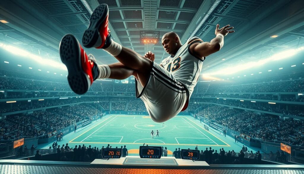 A dynamic and immersive sports-themed interactive advertising campaign, "The Replacer" showcases a professional athlete seamlessly integrated into a photorealistic video game setting. In the foreground, the athlete performs a signature move, their figure rendered with meticulous detail under dramatic, cinematic lighting. The middle ground features an expansive, hyper-realistic virtual arena, with spectators cheering and the game's HUD elements subtly incorporated. In the background, a sleek, futuristic skyline creates a sense of technological sophistication. The overall mood is one of excitement, innovation, and the blending of physical and digital realms, capturing the essence of modern, immersive advertising.