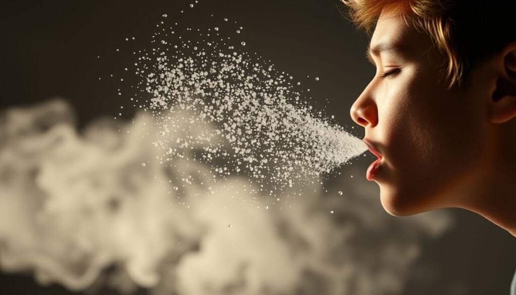 A dynamic scene showcasing the physics of sneezing and particle dispersion. In the foreground, a person sneezes forcefully, with a burst of fine droplets and aerosols erupting from their mouth, captured in mid-air by a high-speed camera. The droplets appear to be suspended in a beam of soft, directional lighting, creating a sense of motion and drama. In the middle ground, a series of concentric circles radiate outward, visualizing the velocity and reach of the sneeze. In the background, a hazy cloud of dispersed particles drifts and swirls, simulating the unpredictable nature of airborne transmission. The overall composition conveys the explosive power and wide-ranging impact of a simple sneeze.