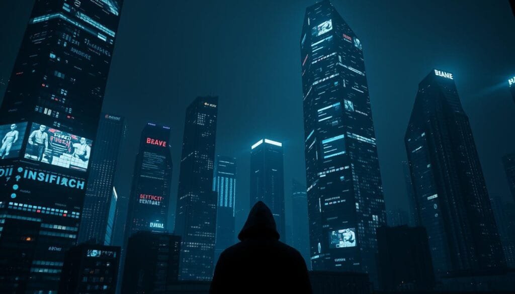 A dystopian cityscape at night, illuminated by the eerie glow of ubiquitous screens and digital interfaces. Towering skyscrapers loom, their facades covered in a mosaic of surveillance cameras and sensors. In the foreground, a solitary figure stands in the shadows, their face obscured by a hood, symbolizing the erosion of privacy in the age of pervasive technology. The air is thick with a sense of unease, as if the very walls have eyes. Soft, moody lighting casts an unsettling atmosphere, underscoring the tension between the promise of technological progress and the threat of total transparency.