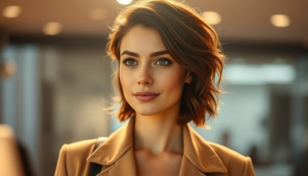 A fashionable person stands in the center of the frame, their appearance altered with a subtle, yet striking transformation. Soft, diffused lighting casts a warm glow, highlighting the subtle changes in their look - a different hairstyle, a touch of makeup, or perhaps a carefully curated outfit that reflects their personal style. The background is blurred, keeping the focus on the subject and their economic changes. The overall mood is one of confidence and self-expression, conveying the idea that altering one's appearance can be achieved without significant financial investment.