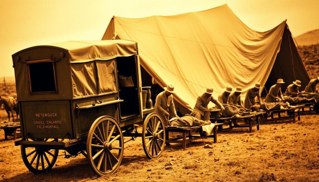 A field hospital during the American Civil War, with a team of medics and nurses tending to wounded soldiers on makeshift stretchers. The scene is bathed in a warm, sepia-toned light, conveying the harshness and grit of the era. In the foreground, a horse-drawn ambulance waits to transport the injured, its weathered exterior and simple design reflecting the limited resources of the time. The background is dominated by a canvas field tent, its flaps billowing in the wind, symbolizing the temporary and mobile nature of these medical outposts. The overall atmosphere is one of urgency, compassion, and the struggle to provide care amidst the chaos of war.