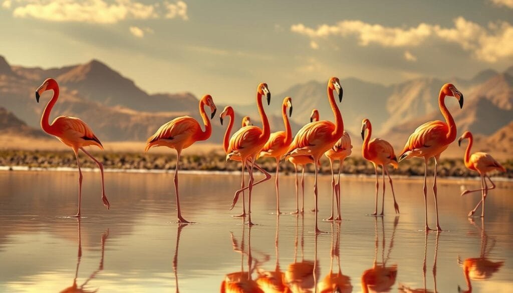 A flock of vibrant pink flamingos standing gracefully on one leg, their bodies reflecting in a still, shallow pool against a backdrop of rugged, sun-drenched terrain. The birds' long, slender legs and webbed feet are sharply defined, showcasing the specialized adaptations that allow them to thrive in their wetland habitat. Warm, golden light filters through wispy clouds, casting a soft, ethereal glow over the scene. The overall mood is serene and contemplative, inviting the viewer to observe the elegant, efficient mechanics of the flamingos' singular stance.