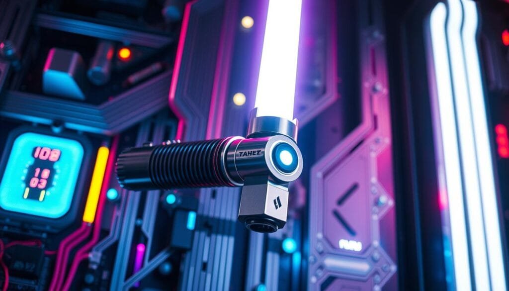 A futuristic lightsaber, its blade glowing with an intense, luminous energy, emerges from a sleek, modern hilt. The device is suspended against a backdrop of sleek, high-tech components and circuits, creating a seamless integration of technology and sci-fi aesthetics. Vibrant, colorful lights emanate from the circuitry, casting a warm, ambient glow that illuminates the scene. The overall composition conveys a sense of innovation, advanced engineering, and the boundless possibilities of technology. The lightsaber stands as a testament to the potential of combining cutting-edge electronics and the timeless allure of a legendary weapon.