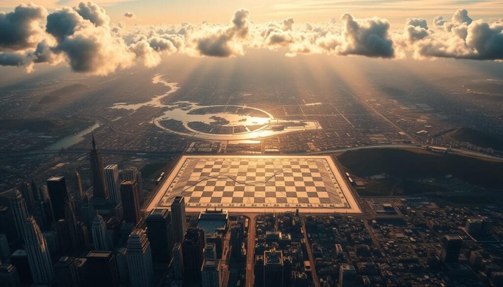 A global geopolitical equilibrium, depicted through a striking aerial view. In the foreground, a sprawling city skyline with towering skyscrapers, representing the economic centers of power. In the middle ground, a chessboard-like grid of national borders, demarcating the complex web of international relations. In the distant background, a majestic mountain range, symbolizing the natural, unchanging forces that underlie the human-made structures. The scene is illuminated by a warm, golden light, casting a sense of harmony and balance, despite the inherent tensions of the geopolitical landscape. Dramatic clouds drift overhead, hinting at the ever-changing nature of global dynamics. The overall composition conveys a sense of scale, interconnectedness, and the delicate balance that governs the geopolitical equilibrium.
