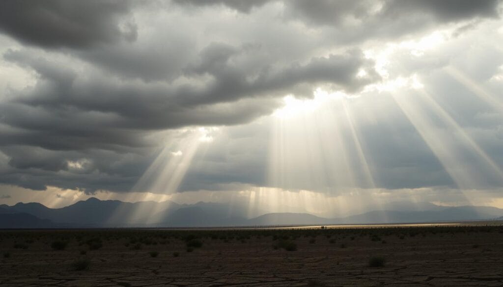 A gloomy, overcast sky with ominous storm clouds looming overhead. In the foreground, a barren, desolate landscape devoid of vegetation, cracked and parched earth reflecting the harsh conditions. Distant mountains shrouded in a hazy, atmospheric mist, suggesting dramatic shifts in temperature and precipitation. Rays of weak, filtered sunlight break through the clouds, casting an eerie, almost apocalyptic glow over the scene. The overall mood is one of disquiet and environmental disruption, capturing the essence of the "year without summer" and its climatic anomalies.