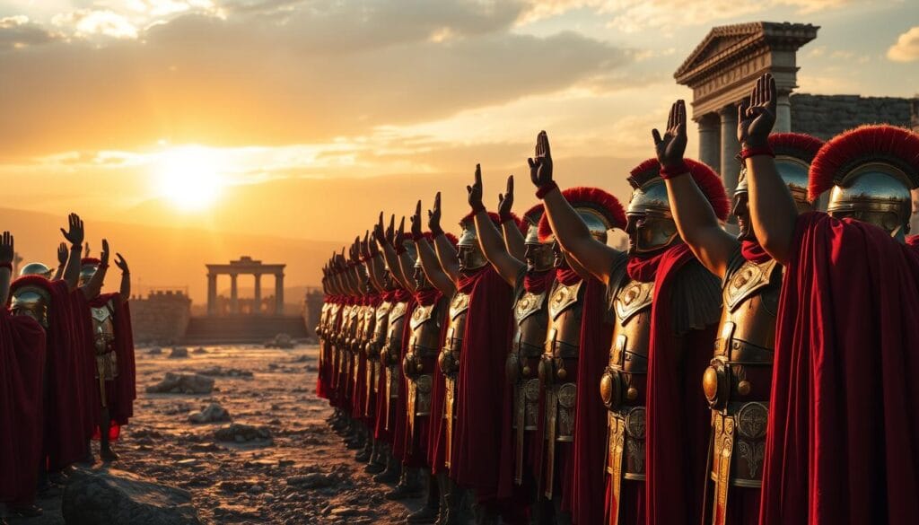 A grand Roman legion stands in formation, their crimson capes billowing in the wind. The soldiers raise their right hands in a synchronized salute, their burnished armor gleaming in the golden light of the setting sun. The scene captures the discipline, might, and respect that defined the ancient Roman military tradition. The camera angle is slightly elevated, giving a majestic, panoramic view of the legionaries as they honor their commanders and the empire they serve. The background is a vast, rugged landscape dotted with the crumbling ruins of an ancient Roman outpost, hinting at the long history and legacy of this iconic military gesture. A grand Roman legion stands in formation, their crimson capes billowing in the wind. The soldiers raise their right hands in a synchronized salute, their burnished armor gleaming in the golden light of the setting sun. The scene captures the discipline, might, and respect that defined the ancient Roman military tradition. The camera angle is slightly elevated, giving a majestic, panoramic view of the legionaries as they honor their commanders and the empire they serve. The background is a vast, rugged landscape dotted with the crumbling ruins of an ancient Roman outpost, hinting at the long history and legacy of this iconic military gesture.