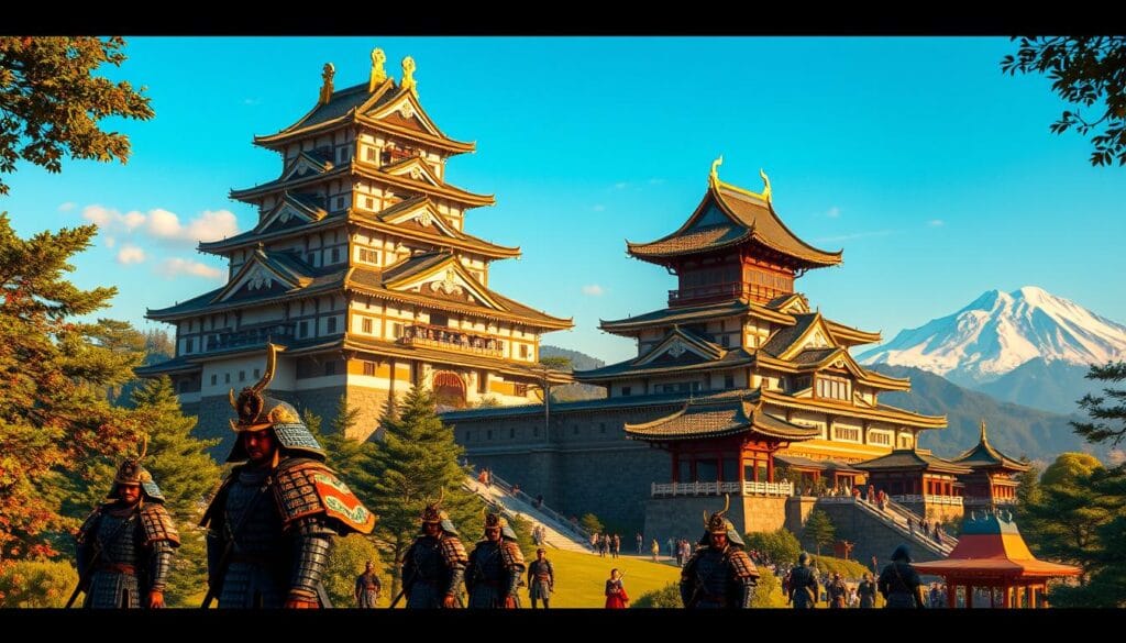 A grand and imposing castle, the Fundación Shogunato, stands tall amidst a lush, verdant landscape. Majestic pagodas and ornate pavilions rise up, their roofs adorned with intricate carvings and gilded accents. Samurai warriors, resplendent in their armor, patrol the castle grounds, their katanas gleaming in the warm, golden light. In the distance, snow-capped mountains loom, their peaks piercing the azure sky. A sense of tranquility and order pervades the scene, reflecting the stability and power of the Tokugawa Shogunate that would define Japanese culture for over two centuries.