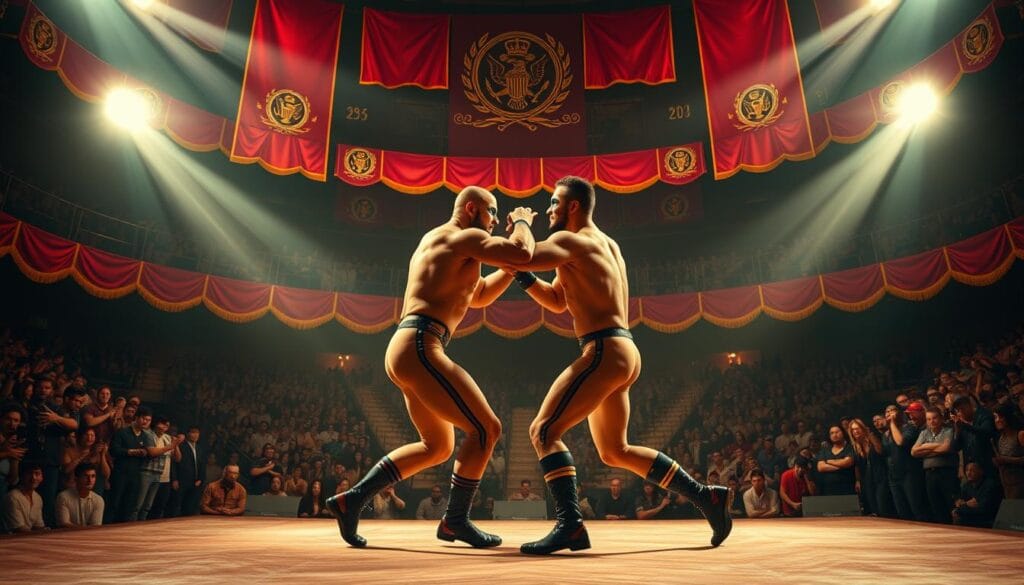 A grand arena, adorned with crimson banners and gilded insignia, sets the stage for the Salón de la Fama lucha, a legendary pantheon of wrestling champions. In the center, two muscular figures, clad in vibrant luchador attire, grapple with intensity, their movements fluid and powerful, as if channeling the spirit of Lincoln himself. Spotlights bathe the scene in a warm, dramatic glow, casting dramatic shadows that accentuate the dynamic poses. The background is filled with a packed audience, their faces a blur of excitement, reflecting the electric atmosphere of this hallowed hall of fame.