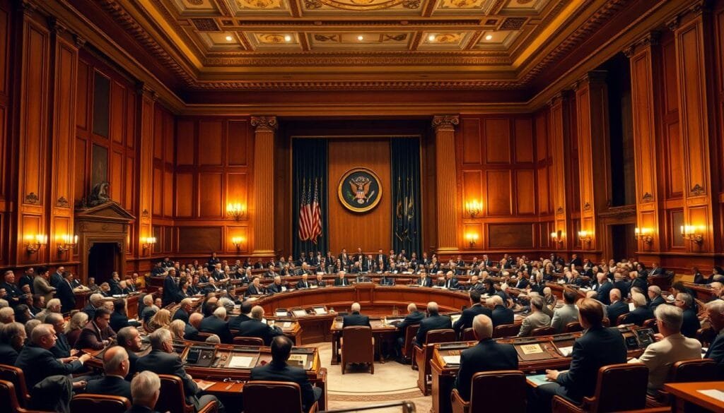 A grand conference hall, the Bretton Woods backdrop. Majestic architecture, ornate columns, and a sense of historic significance. Seated delegates from around the world, engaged in thoughtful discussion. Warm lighting casts a golden glow, reflecting the weight of the decisions being made. A pivotal moment in economic history, the creation of a new global monetary system. Detailed textures of wood paneling, plush upholstery, and polished marble floors. An air of authority and gravitas, as leaders shape the future of international finance.