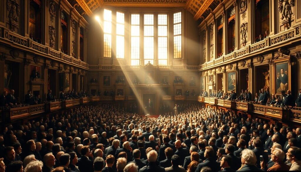 A grand, expansive scene of the revolutionary Constituent Assembly convening in a stately, high-ceilinged hall. Sunlight streams through tall windows, casting a warm, dramatic glow over the assembled delegates. In the foreground, a sea of impassioned faces, representatives from across France, engaged in lively debate. Behind them, ornate architectural details and gilded furnishings evoke the grandeur of the occasion. The atmosphere is charged with a sense of historic change, as this new assembly lays the foundations for a transformed society. The perspective is slightly elevated, allowing the viewer to survey the momentous proceedings unfolding below.